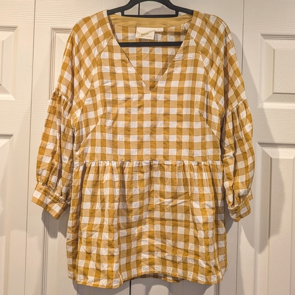 Maeve Anthropologie Women’s Medium Yellow Gingham Babydoll Blouse 3/4 Sleeve - Picture 3 of 6